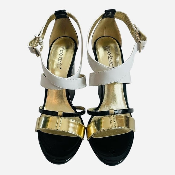 SHOEDAZZLE MORGANA Black Gold White Open Toe Platform Wedge Sandals Size 8 NIB - Picture 2 of 11